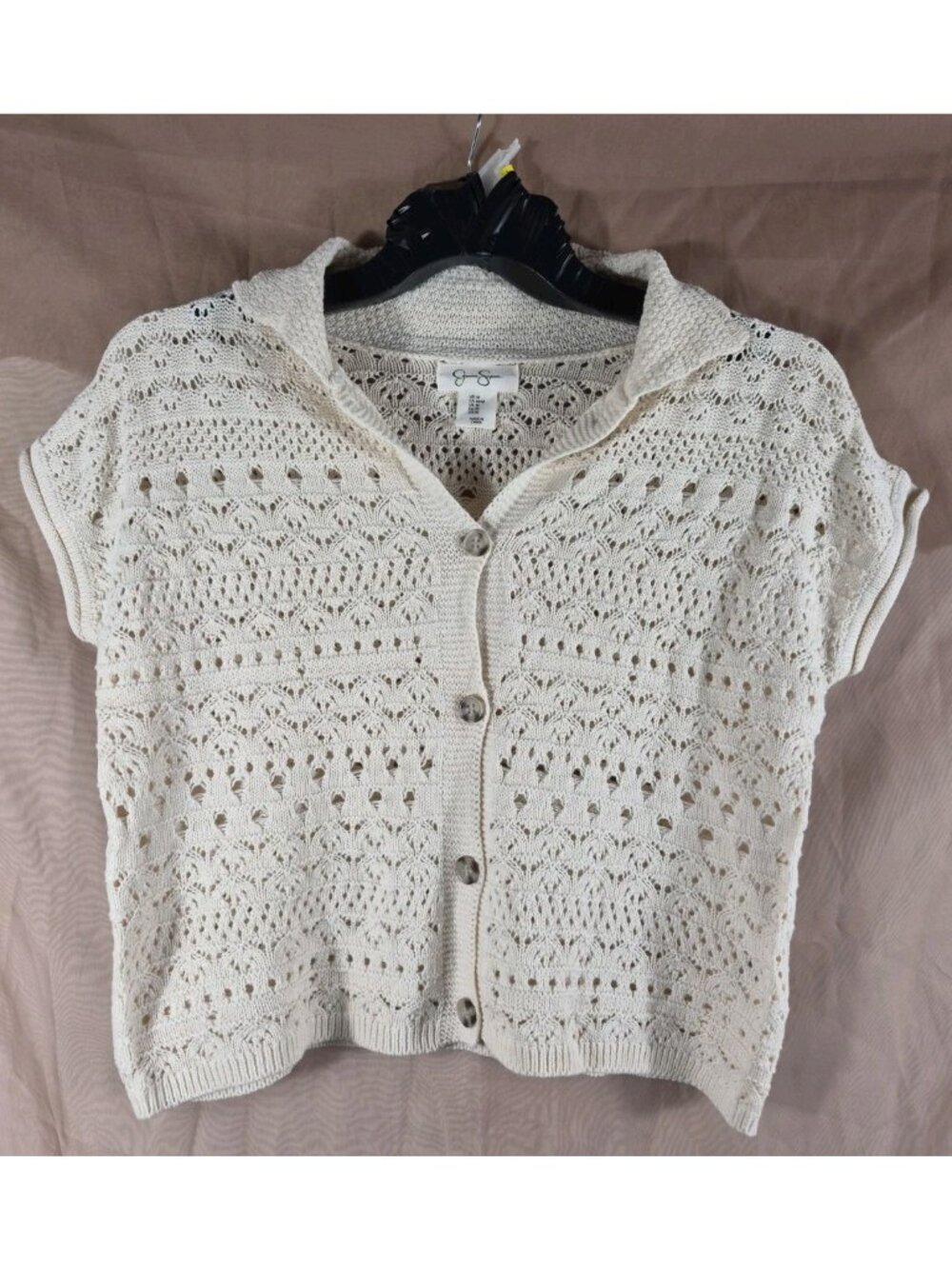 Jessica Simpson Women's Ivory Cropped Capped Sleeve Crochet Cardigan Size M